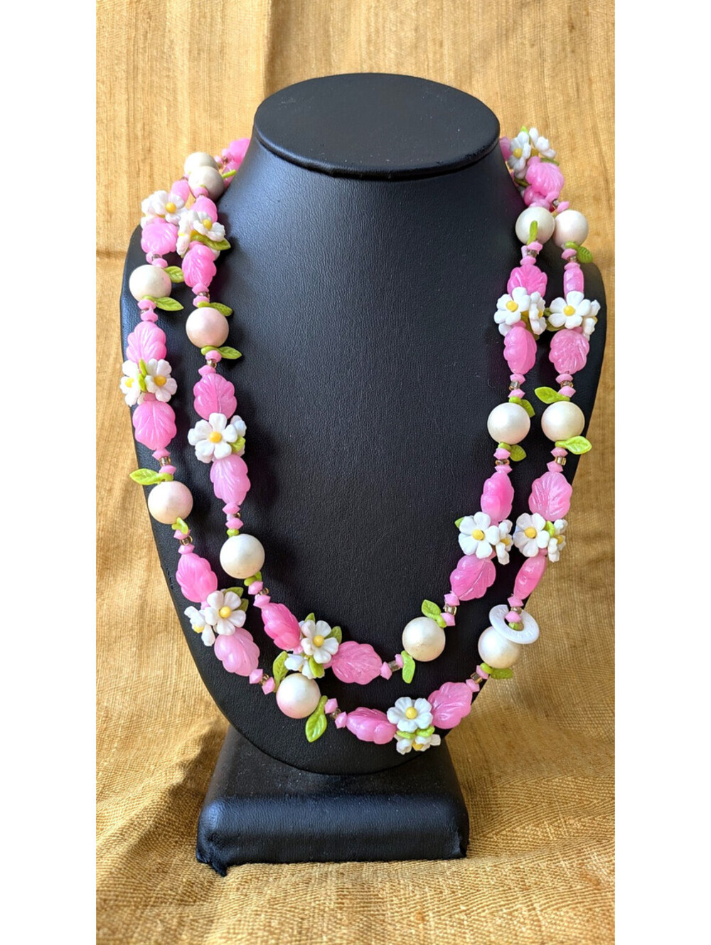 Vintage Fruit Salad Plastic Flower Bead 42” Necklace Tutti Frutti Pink Colorful